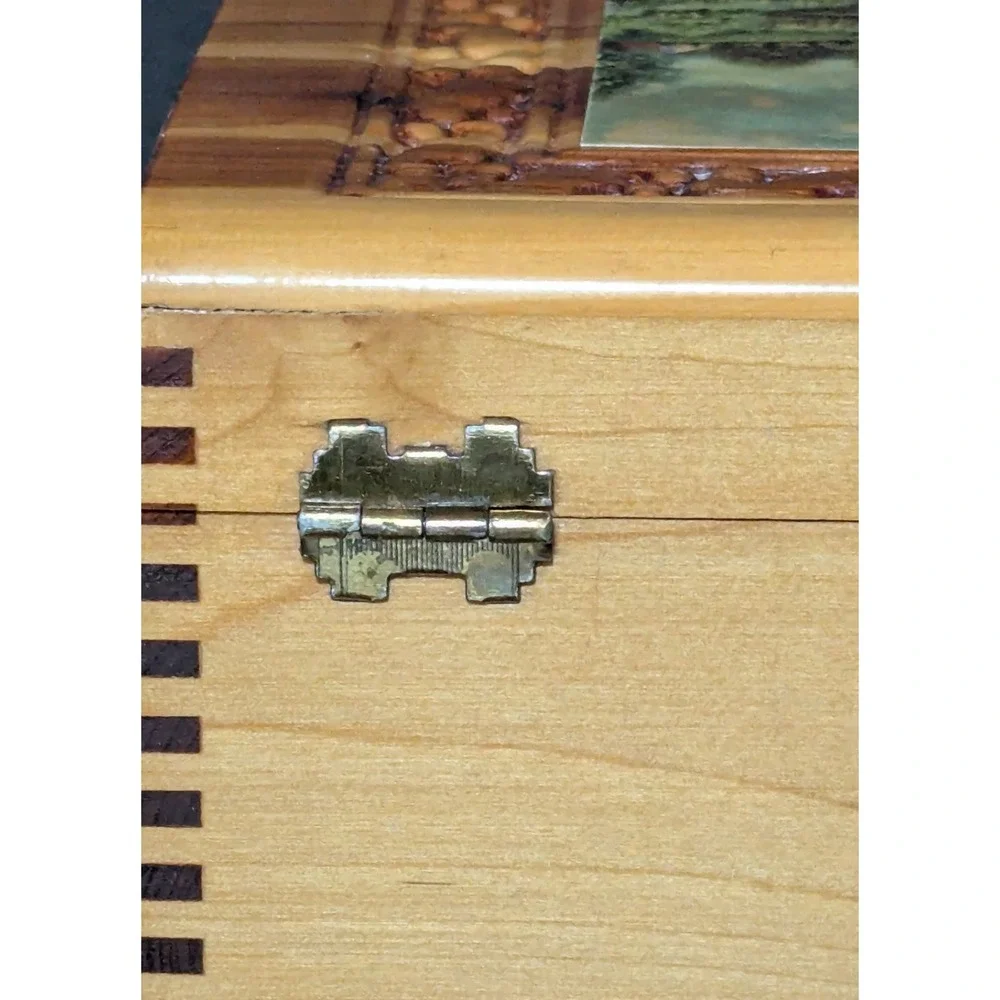 Vintage Hand Carved Cedar Wood Jewelry Keepsake Box Cottage Landscape 11